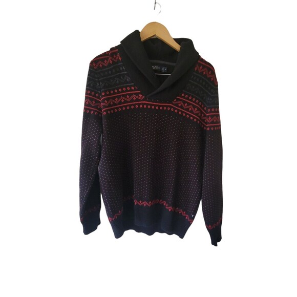 NAUTICA Sweater Shawl Collar Fair Isle Nordic MEDIUM Black/Red/Gray - Picture 4 of 8